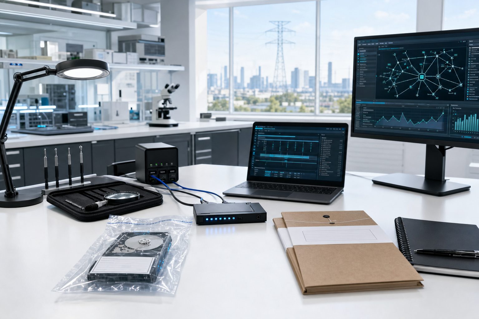 Evidence drives connected to a forensic write blocker.