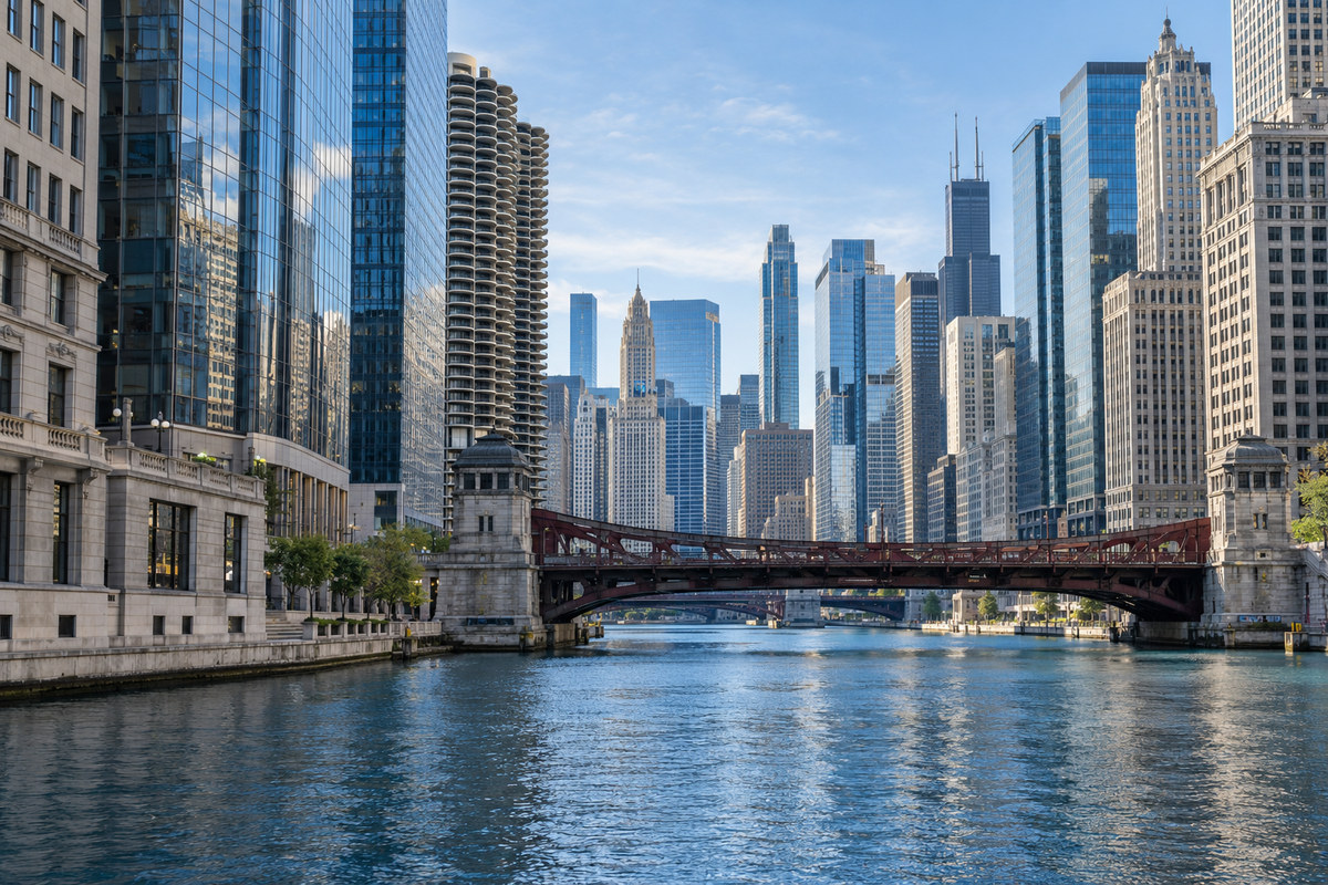 Illustrative Chicago skyline and riverfront architecture.