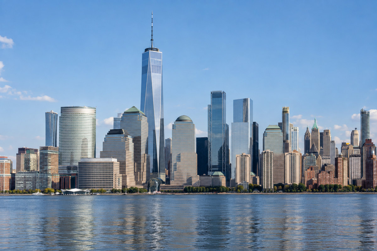 Illustrative Manhattan skyline and waterfront in New York City.