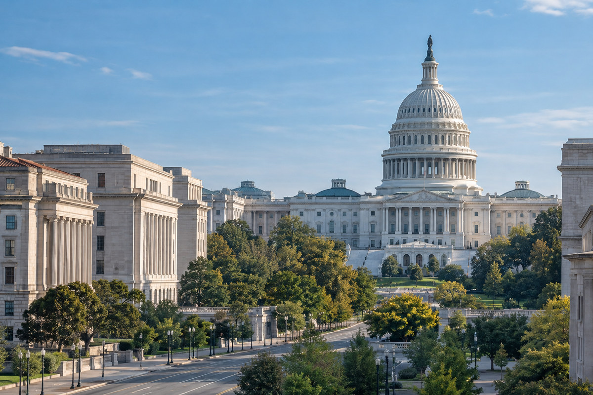 Illustrative Washington, DC city setting and recognizable civic architecture.