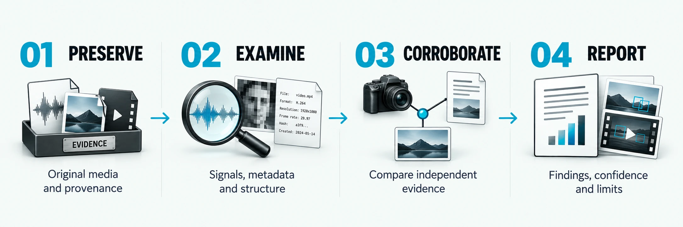 Preserve: Original media and provenance; Examine: Signals, metadata and structure; Corroborate: Compare independent evidence; Report: Findings, confidence and limits