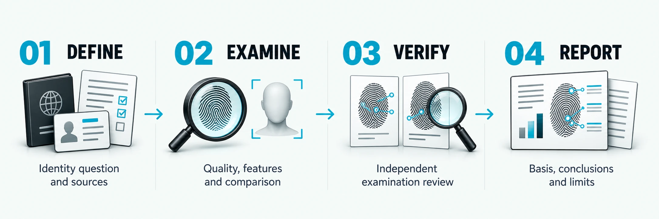 Define: Identity question and sources; Examine: Quality, features and comparison; Verify: Independent examination review; Report: Basis, conclusions and limits