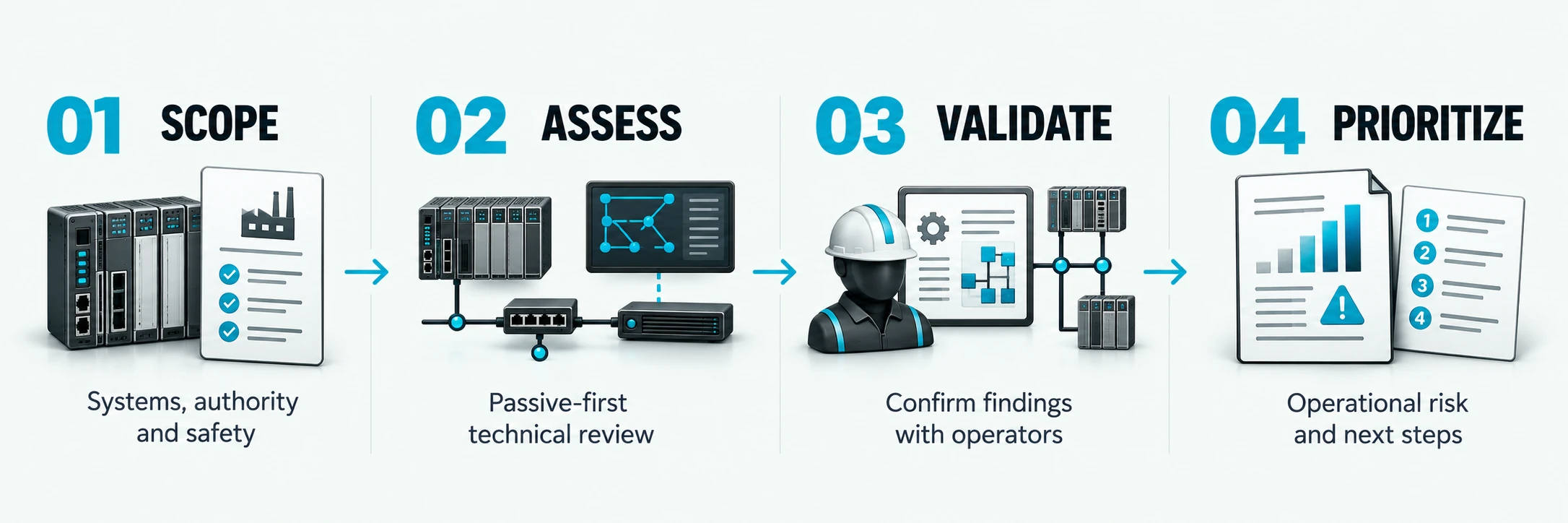 Scope: Systems, authority and safety; Assess: Passive-first technical review; Validate: Confirm findings with operators; Prioritize: Operational risk and next steps