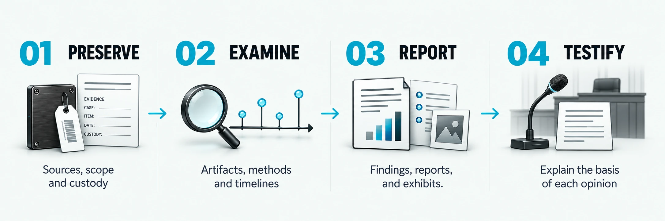 Preserve: Sources, scope and custody; Examine: Artifacts, methods and timelines; Report: Findings, reports, and exhibits.; Testify: Explain the basis of each opinion