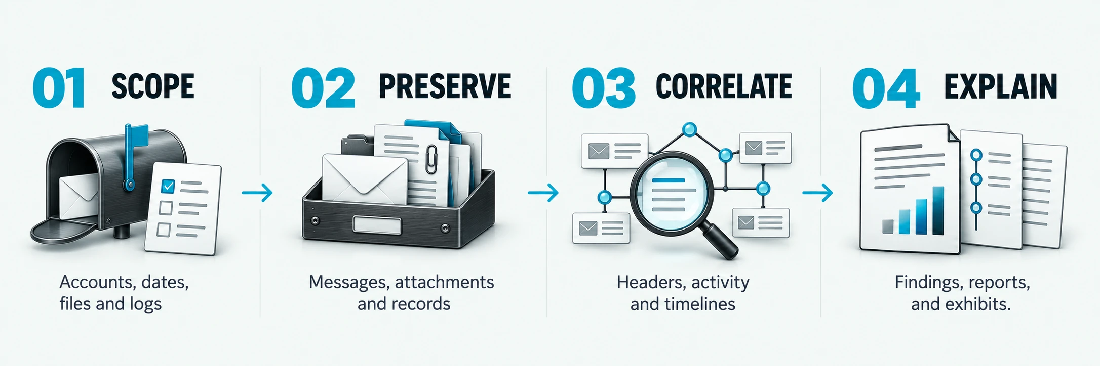Scope: Accounts, dates, files and logs; Preserve: Messages, attachments and records; Correlate: Headers, activity and timelines; Explain: Findings, reports, and exhibits.