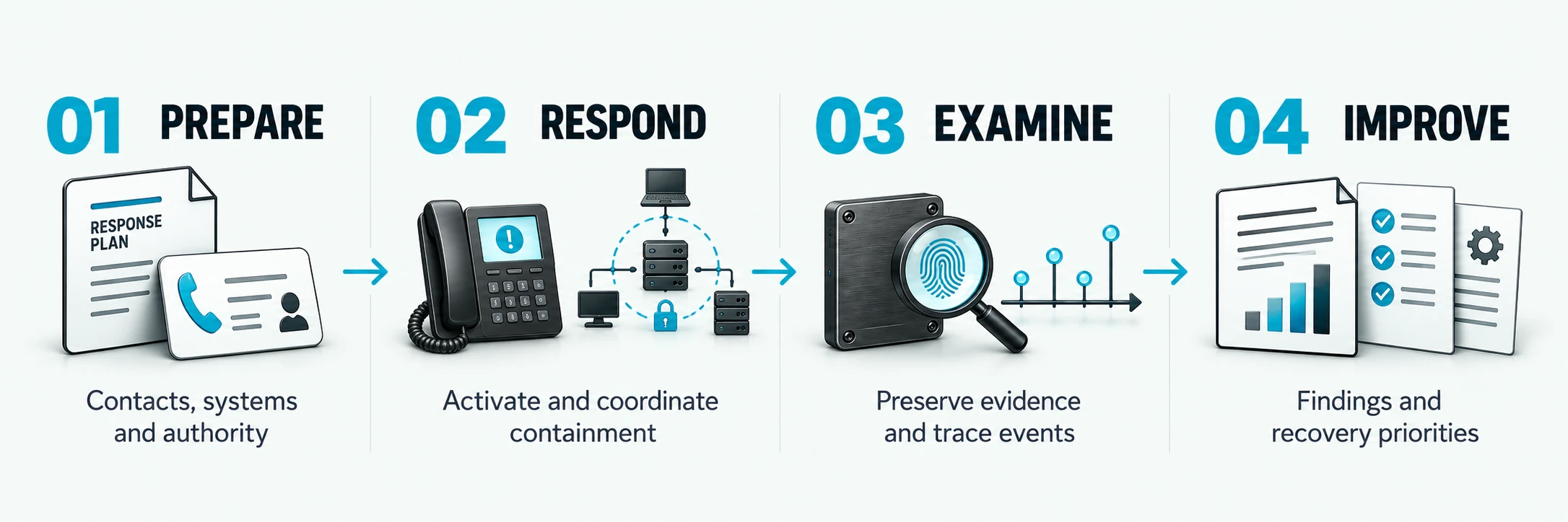Prepare: Contacts, systems and authority; Respond: Activate and coordinate containment; Examine: Preserve evidence and trace events; Improve: Findings and recovery priorities