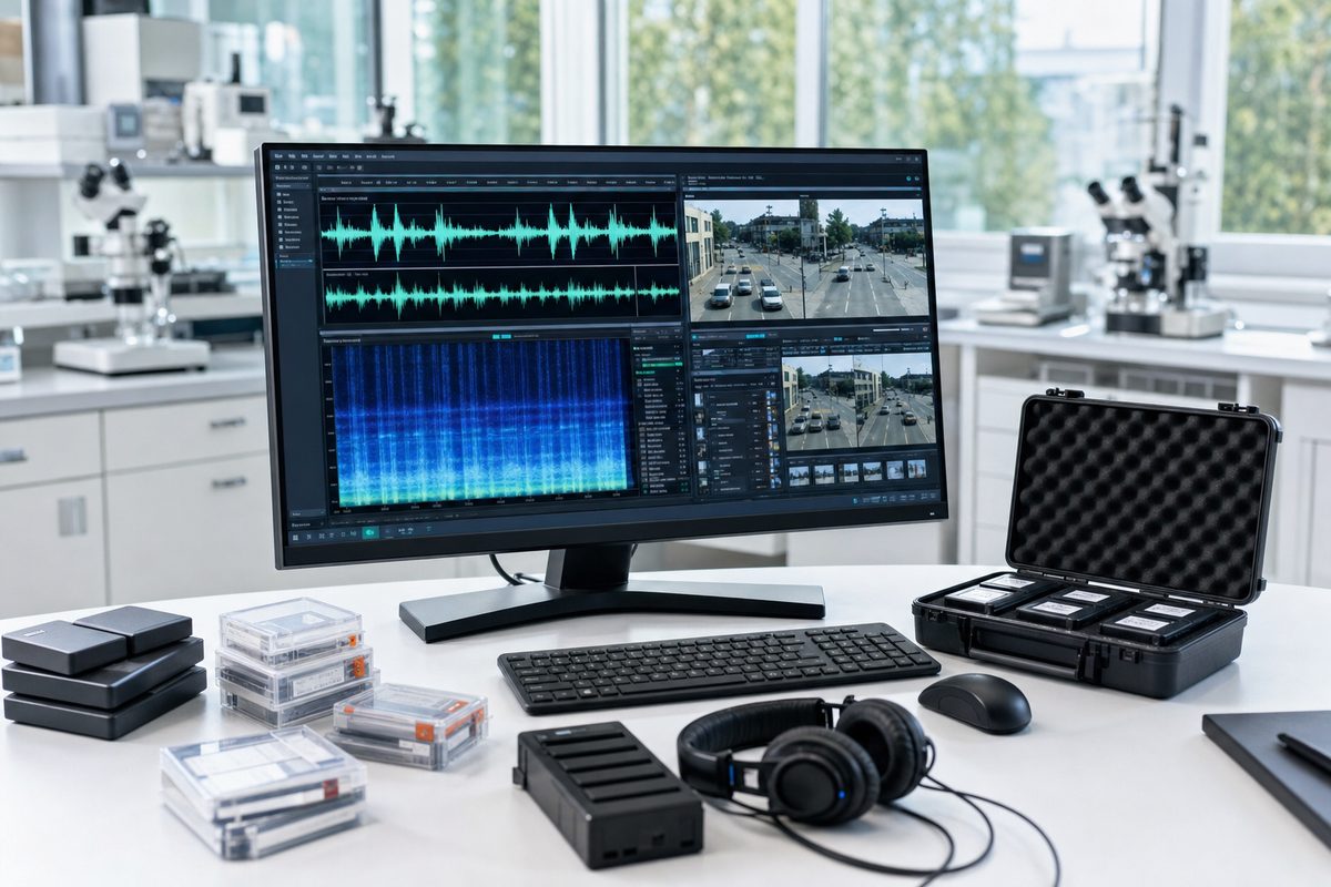 Audio waveform and video frames under forensic review.