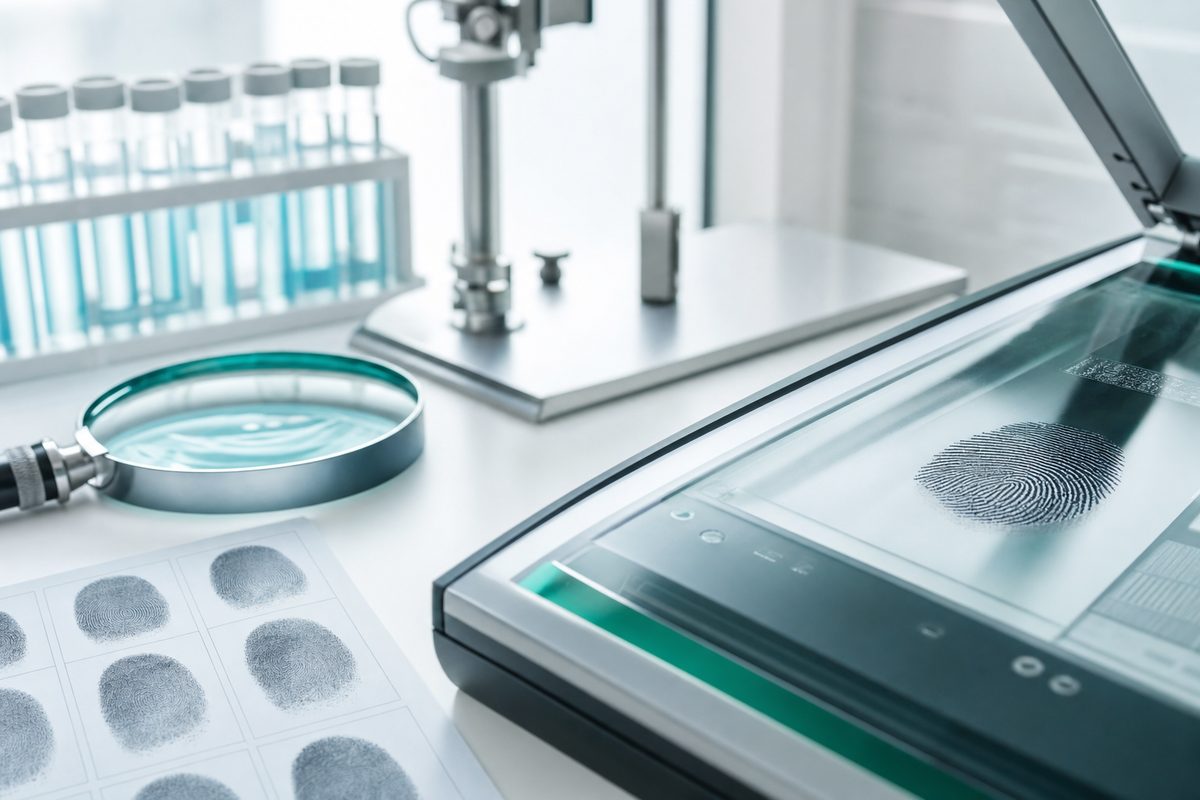 Fingerprint reference cards beside a livescan platen.
