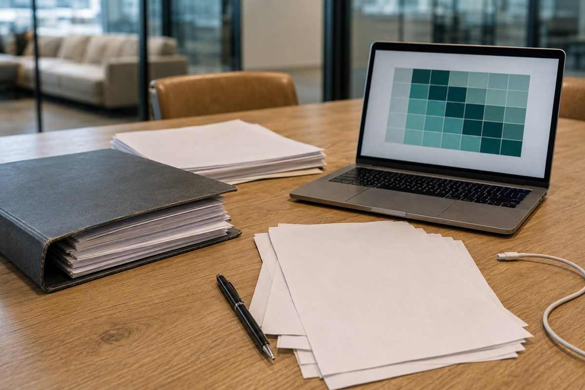Diligence records beside a laptop and notepad.