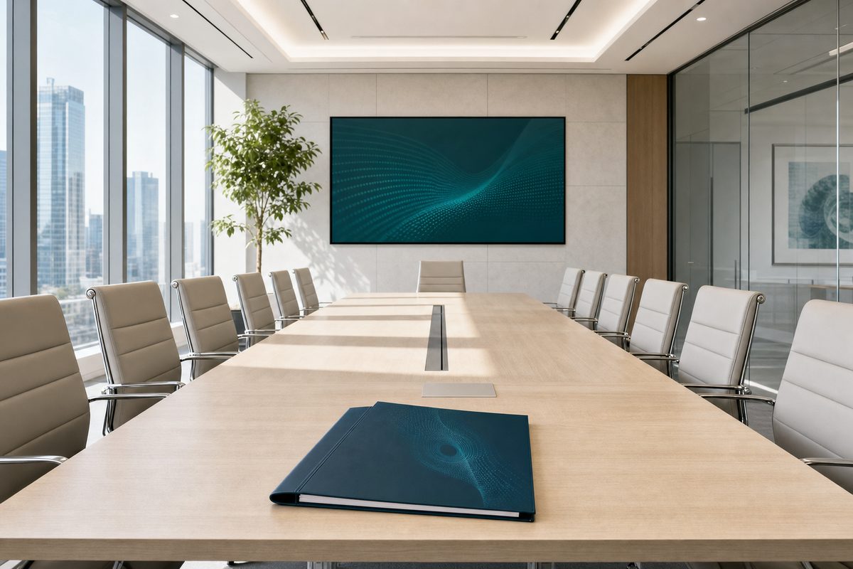 Boardroom table prepared for a technical briefing.