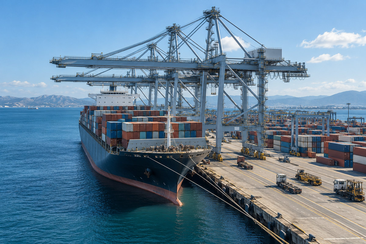 Illustrative container ship and cranes at a commercial port terminal.