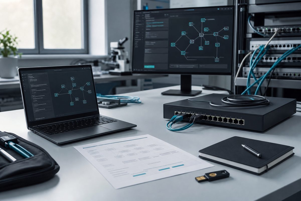 Isolated test laptop connected to a network appliance.