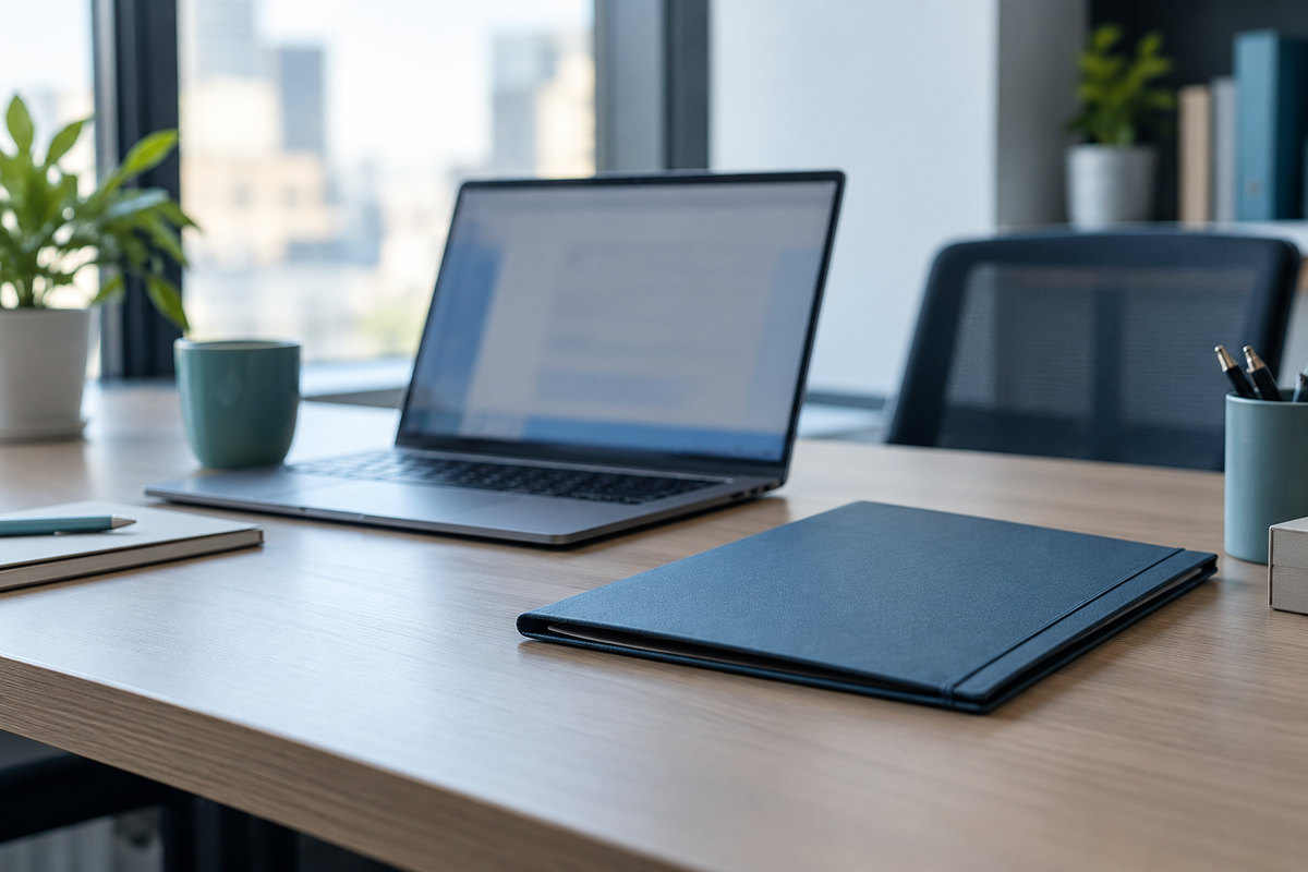 Illustrative office workstation with a laptop and a closed document folder.