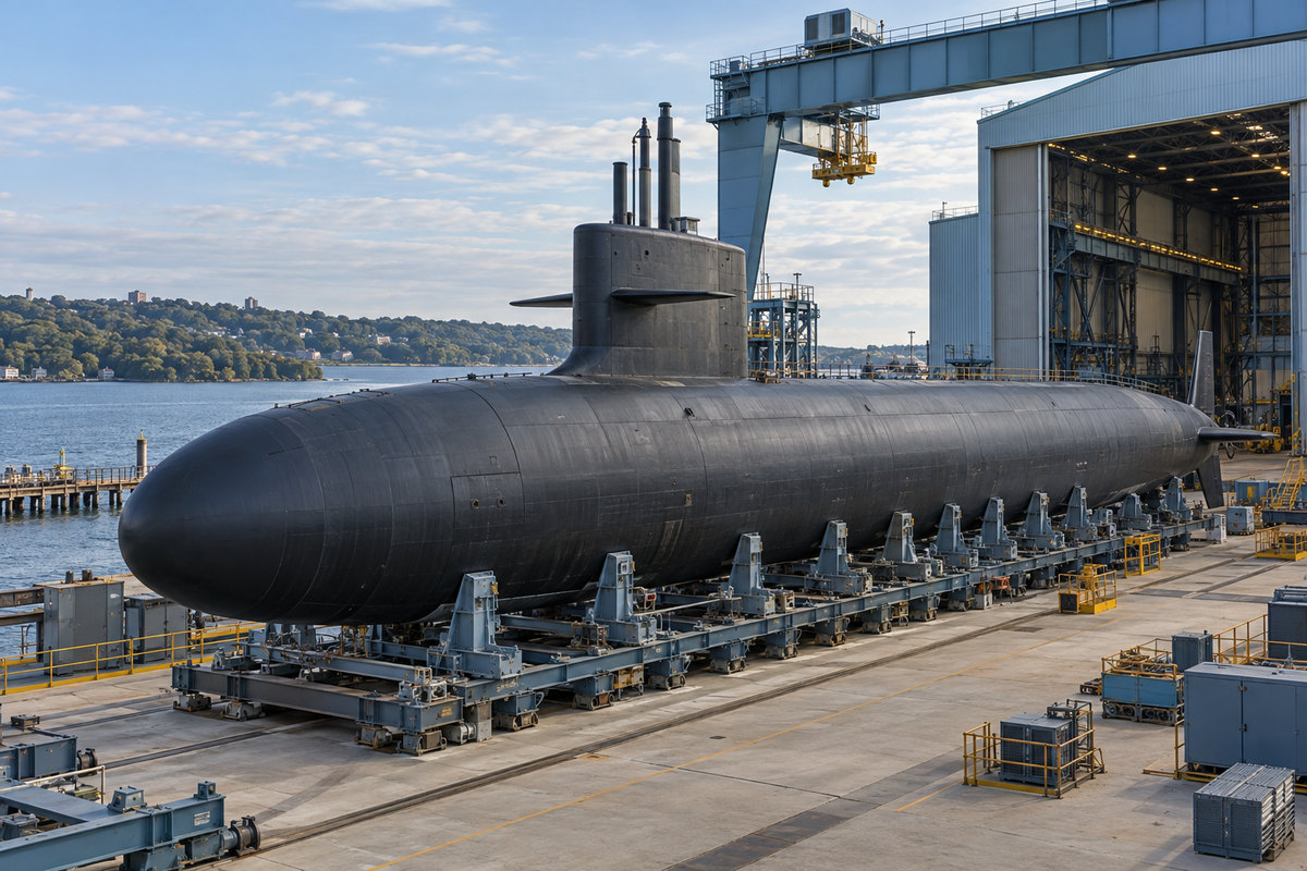 Illustrative submarine shipyard and industrial production setting inspired by coastal Connecticut.